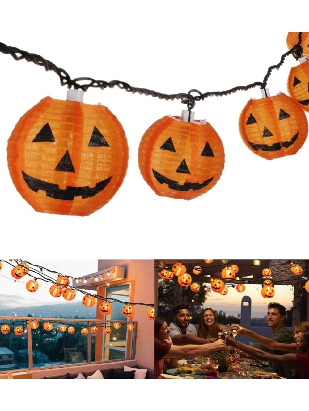 🎃10 Orange Jack O Lantern Pumpkin String Lights Halloween Decorations Yard